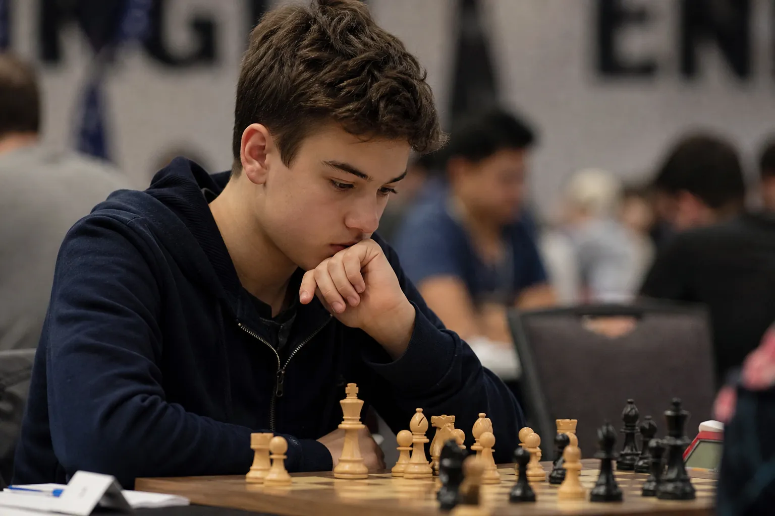 A player concentrating over a wooden chessboard in a busy tournament hall