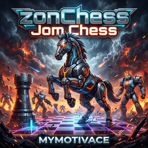 Cover art of the zonChess theme song Jom Chess by MyMotivace: a mechanical knight on a glowing chessboard