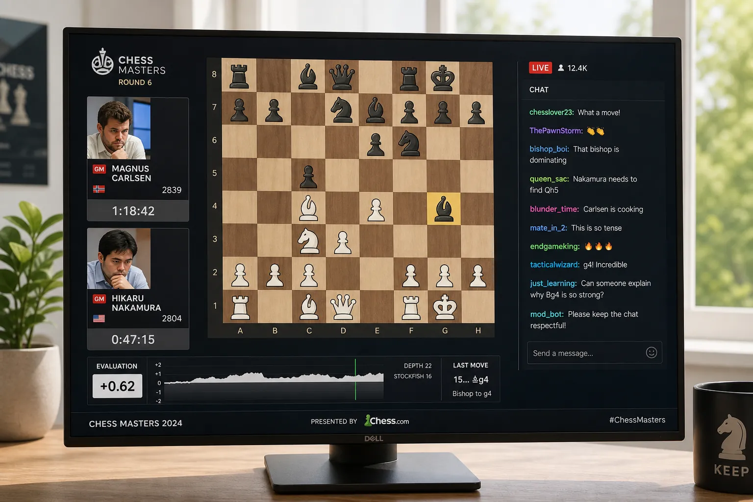 Professional chess broadcasting setup with digital screens