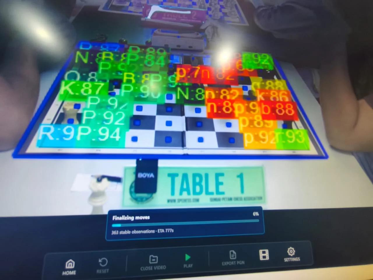 ChessZCam detection diagnostics showing confidence labels over pieces