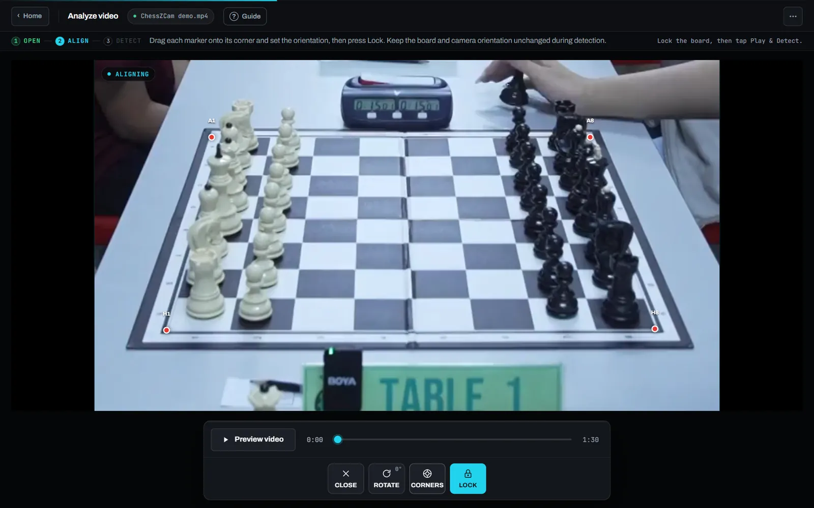 ChessZCam Analyze Video with four corner markers on the board corners of the demo clip, ready to lock