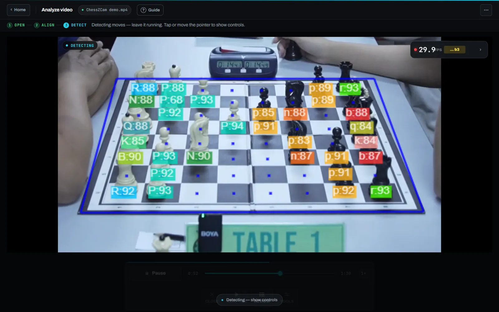 ChessZCam Analyze Video detecting pieces on a tournament board, each piece labelled with its type and confidence, 29.9 FPS