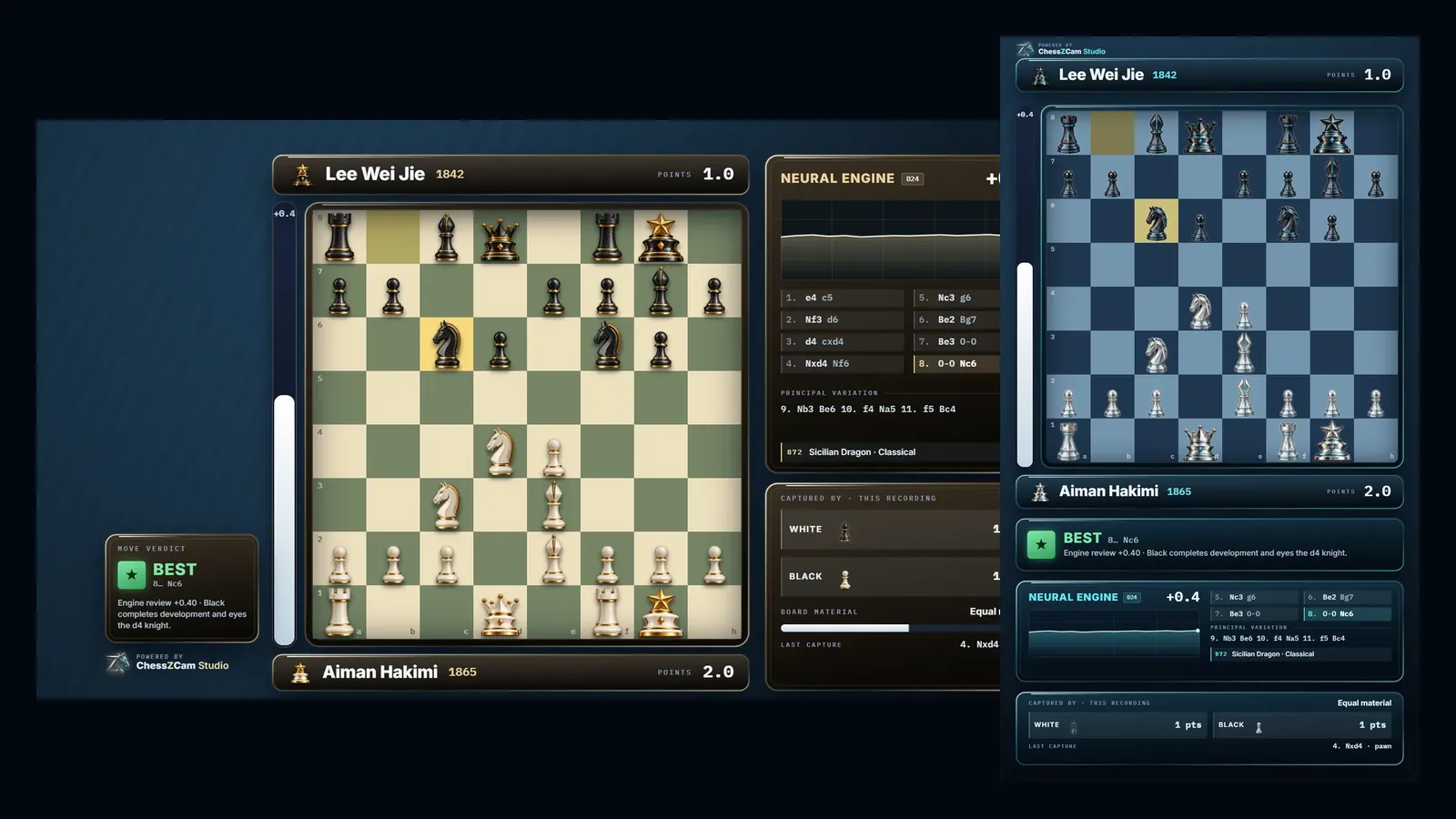 A landscape overlay frame and a portrait 1080×1920 frame rendered by ChessZCam from the same game; player names are invented