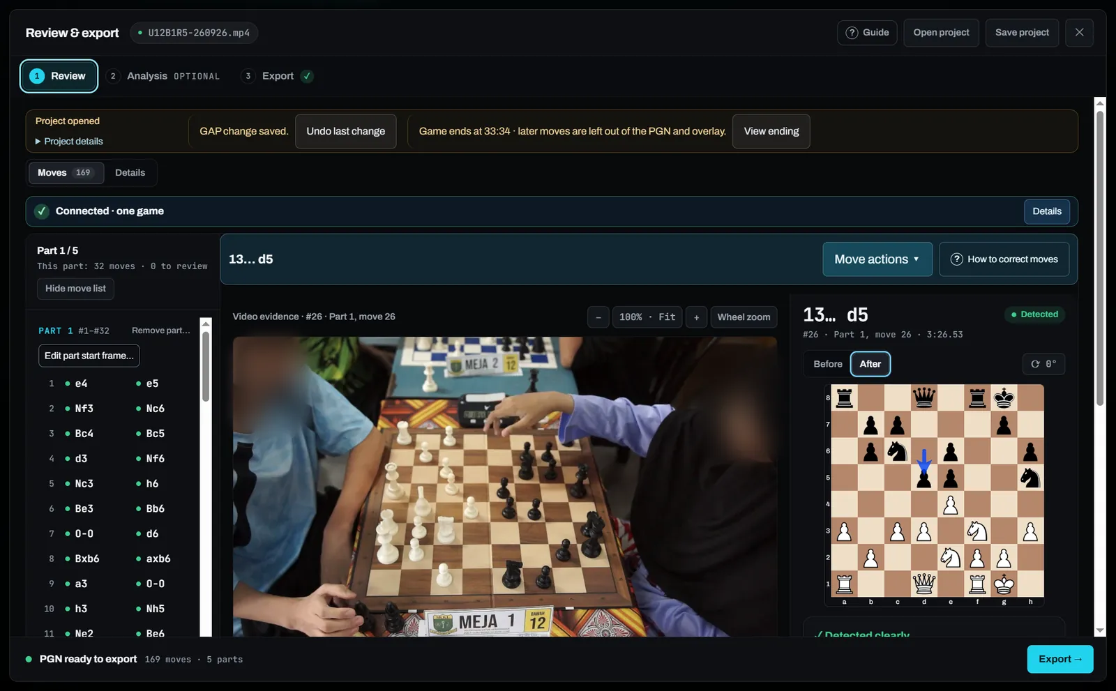 ChessZCam Studio review screen: a 169-move game marked “Connected · one game”, the move list, the video frame of 13… d5 and the board after the move; players are blurred