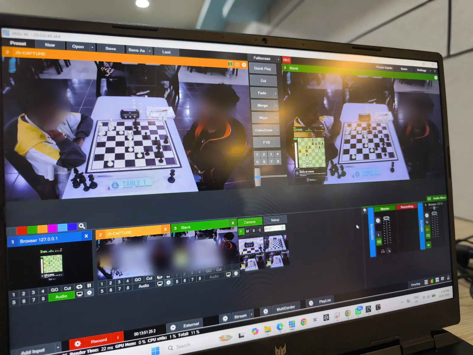 vMix production at Lotus's Kulim with the Table 1 camera and the ChessZCam overlay