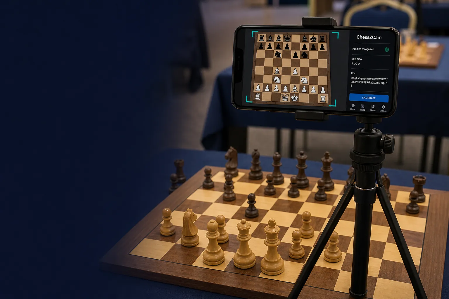 A phone camera framing a chessboard during setup