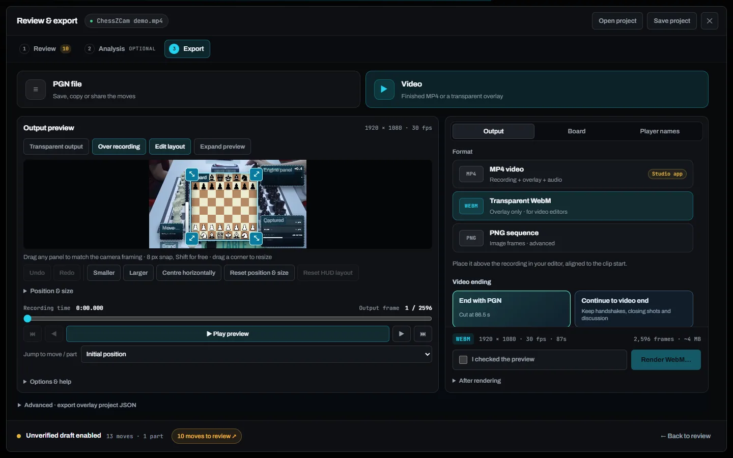ChessZCam export screen with the overlay layout editor and MP4, WebM and PNG options