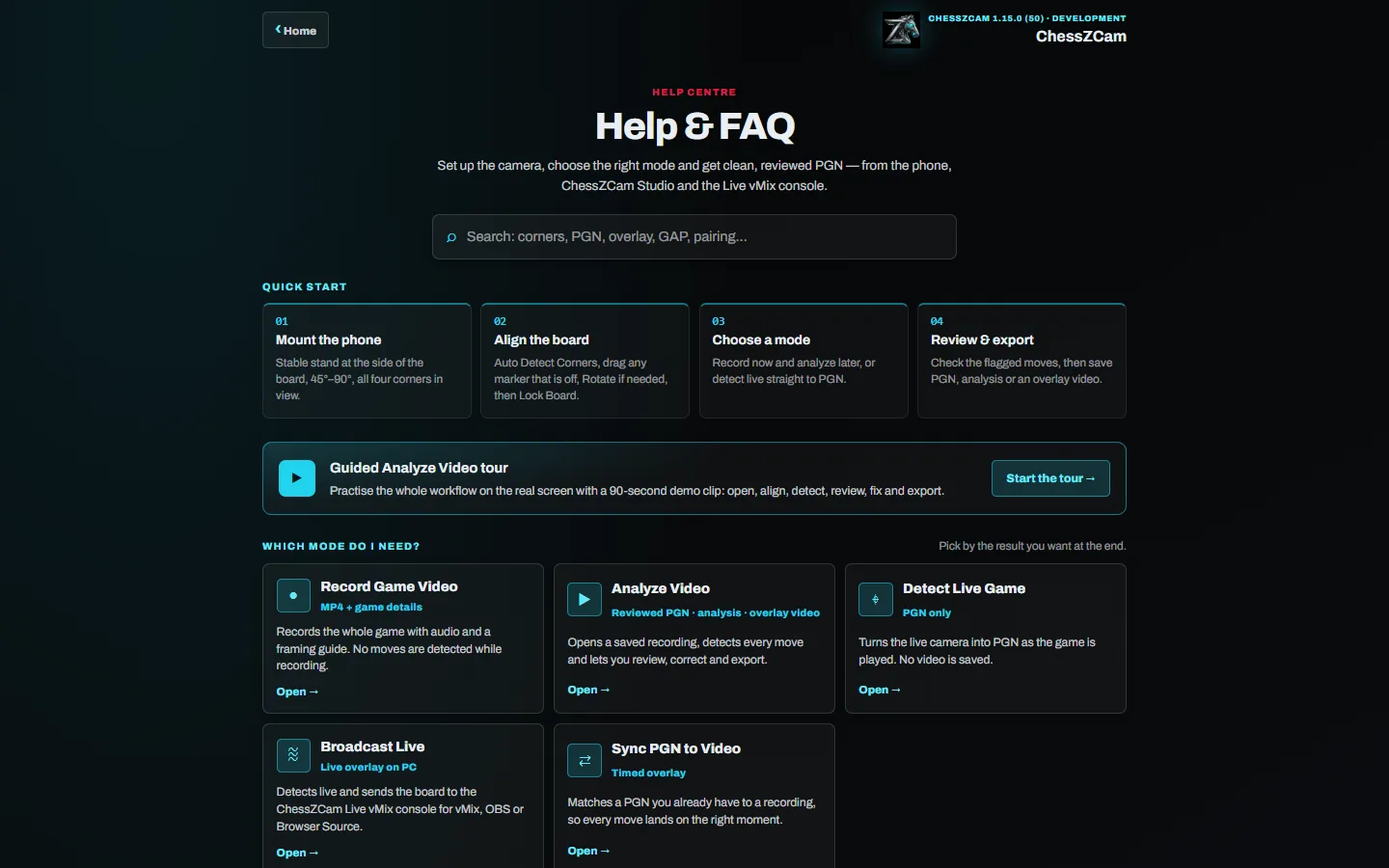 ChessZCam help centre with quick start, guided tour and mode guide