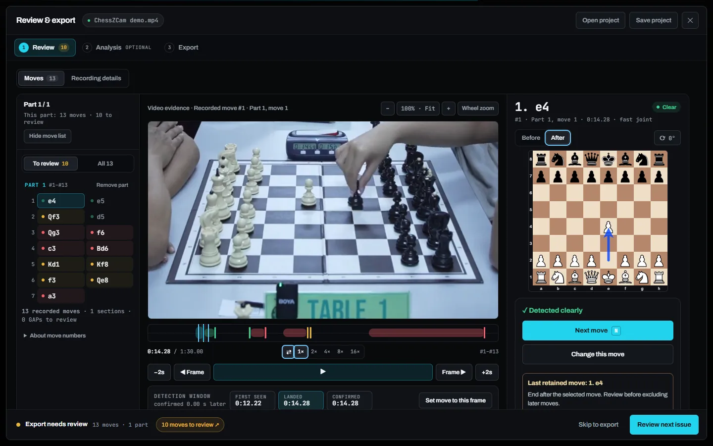 ChessZCam review screen with move list, video evidence and the board after each move