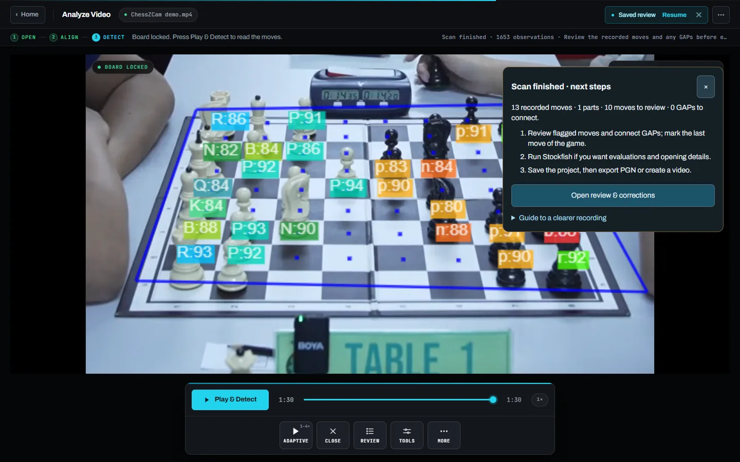 ChessZCam Analyze Video after a scan: 13 recorded moves, 10 to review, with next steps to review, run Stockfish and export PGN