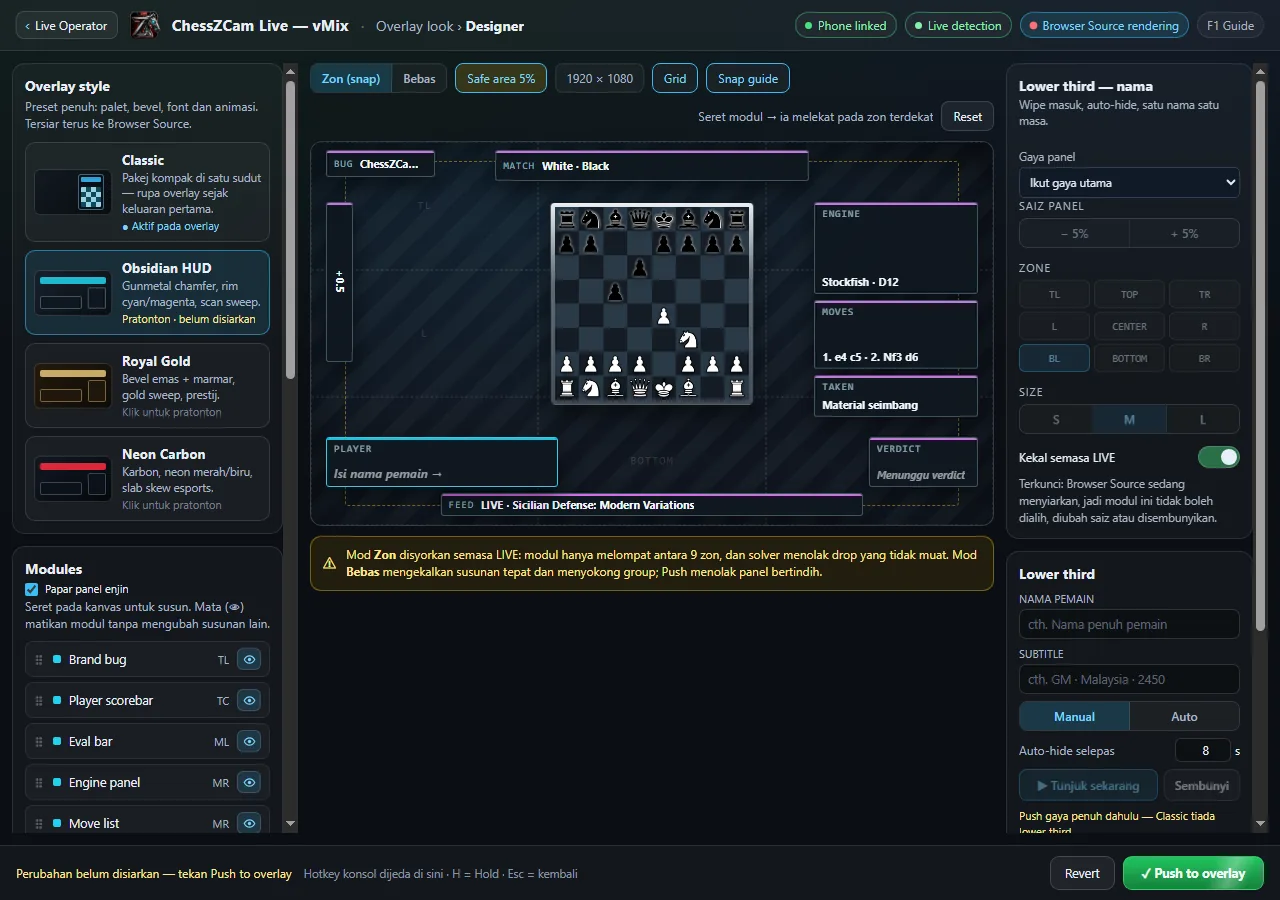 ChessZCam Live Overlay Designer with styles, modules and lower-third controls