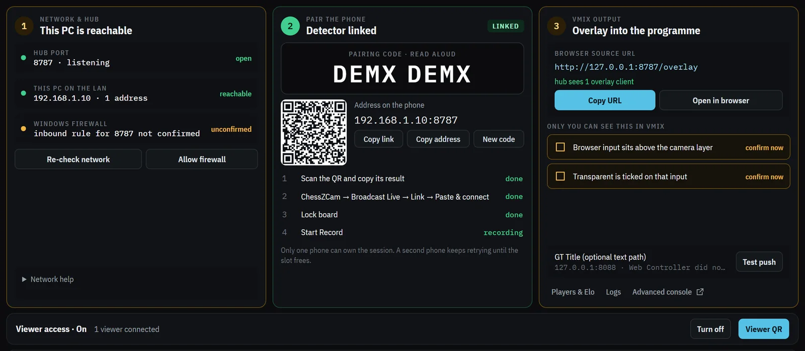 Kad Setup ChessZCam Live untuk rangkaian, gandingan telefon dan output vMix, dengan jalur Viewer access dan butang Viewer QR di bawahnya.