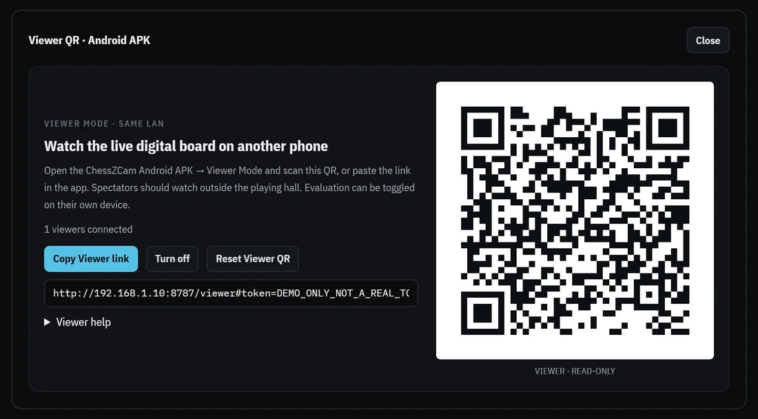 Dialog Viewer QR ChessZCam Live: kod QR untuk aplikasi Android, untuk lihat sahaja, dengan butang Copy Viewer link, Turn off dan Reset Viewer QR.