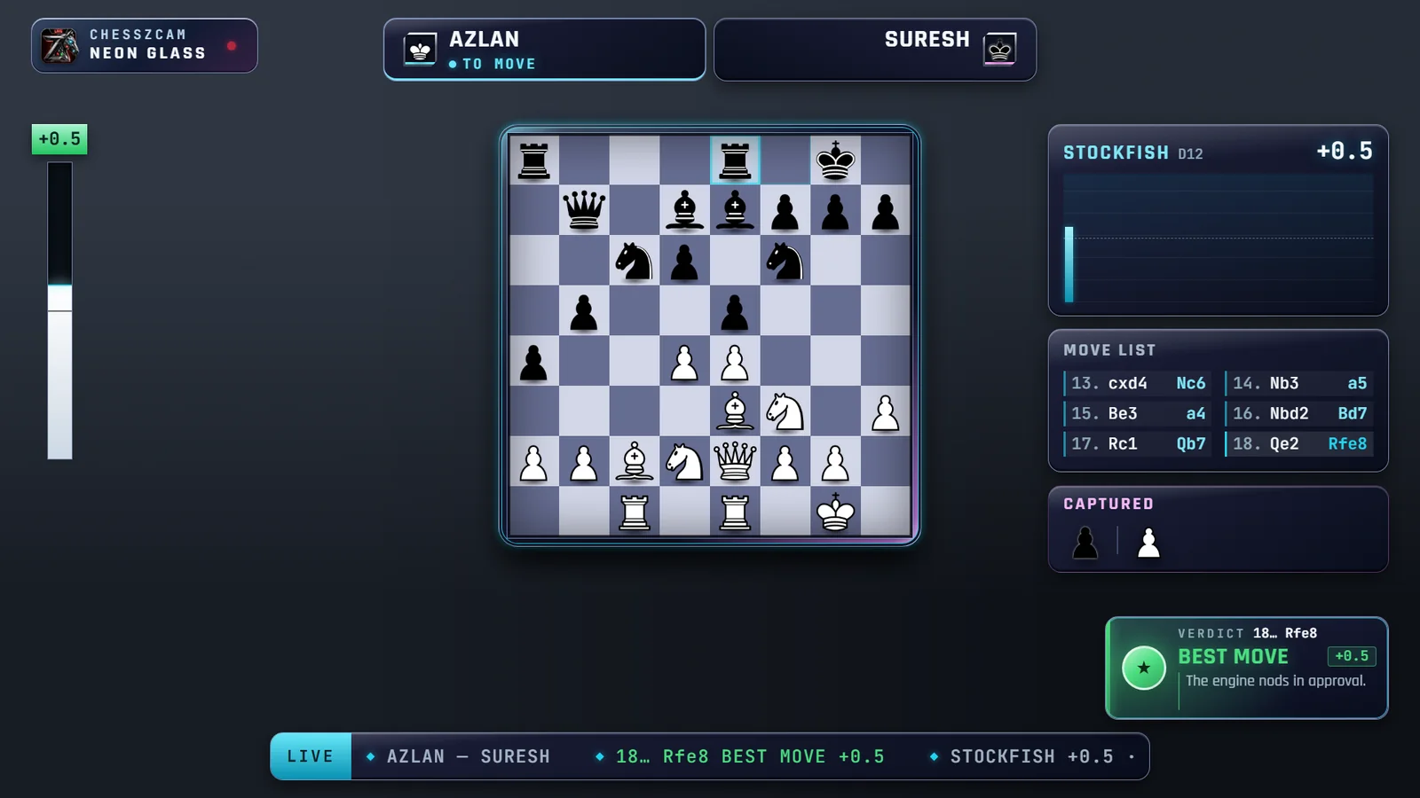Overlay siaran ChessZCam Live dalam gaya Neon Glass Studio dengan permainan demo antara Azlan dan Suresh, dipaparkan pada latar gelap biasa.