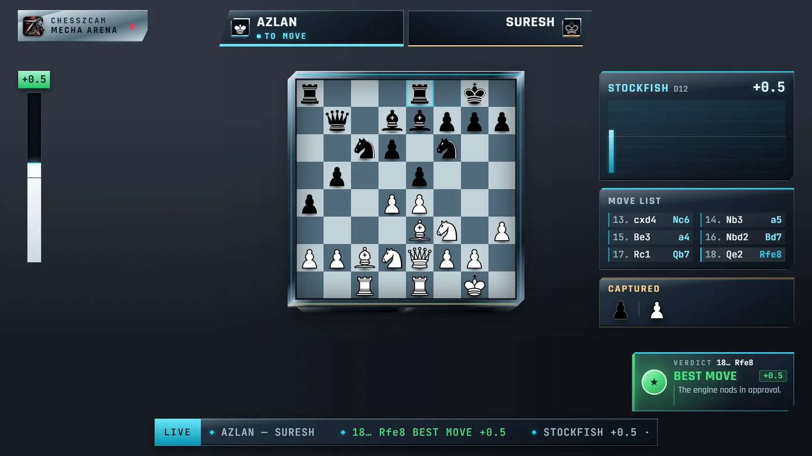Overlay siaran ChessZCam Live dalam gaya Mecha Arena dengan permainan demo antara Azlan dan Suresh, dipaparkan pada latar gelap biasa.