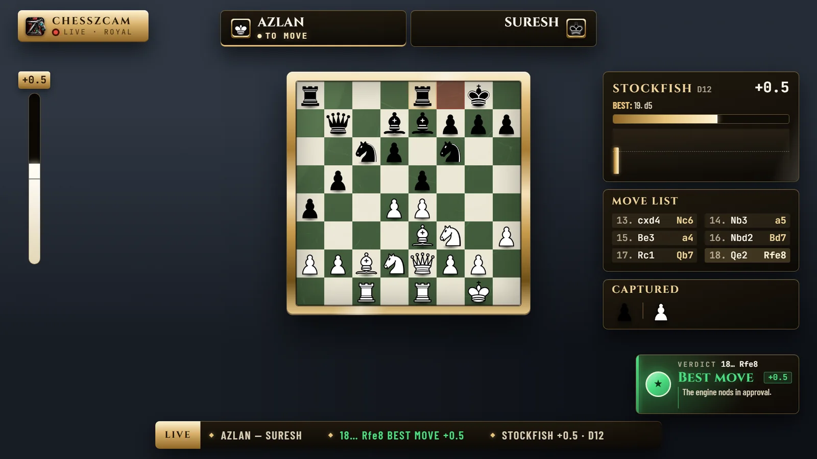 Overlay siaran ChessZCam Live dalam gaya Royal Gold dengan permainan demo antara Azlan dan Suresh, dipaparkan pada latar gelap biasa.