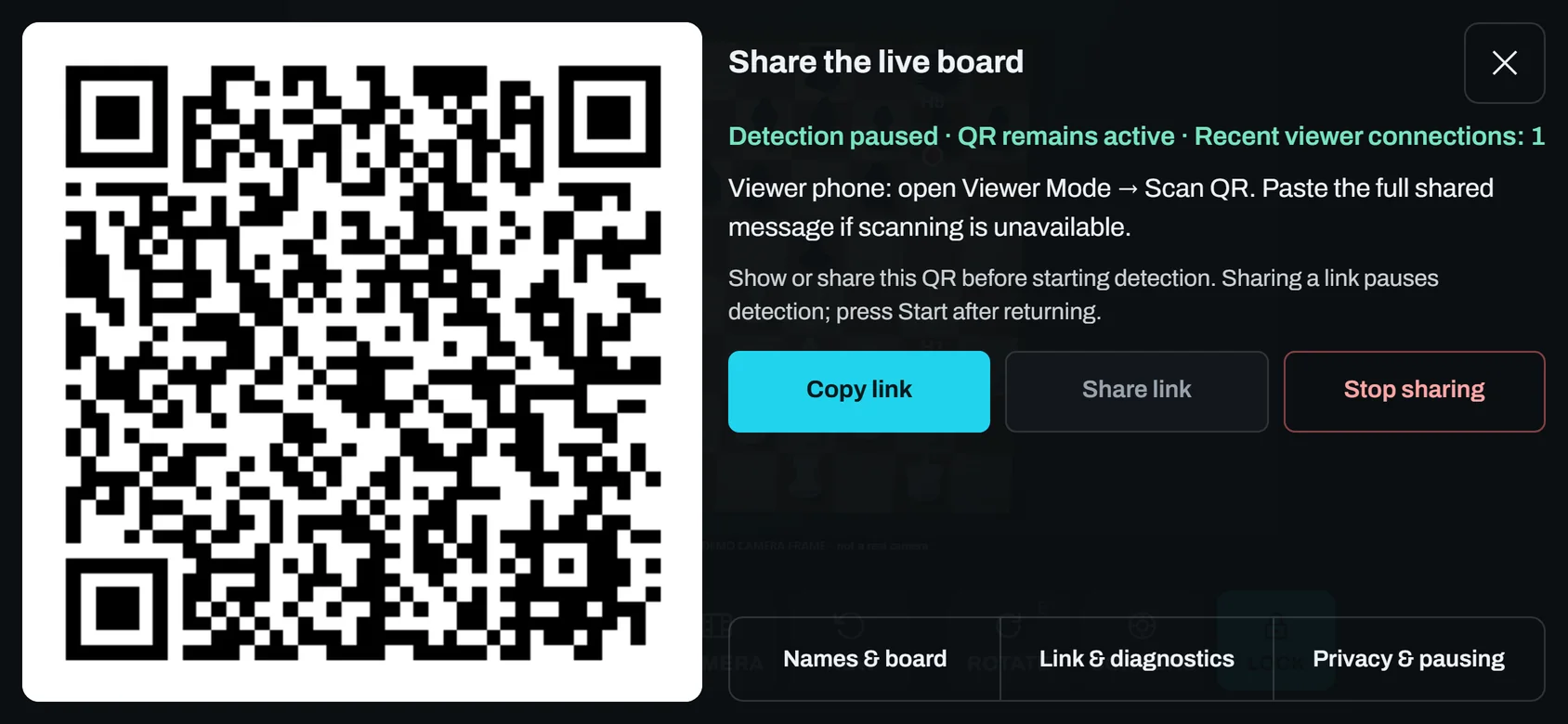 ChessZCam camera phone showing the Share the live board dialog with a Viewer QR code and Copy link, Share link and Stop sharing buttons.