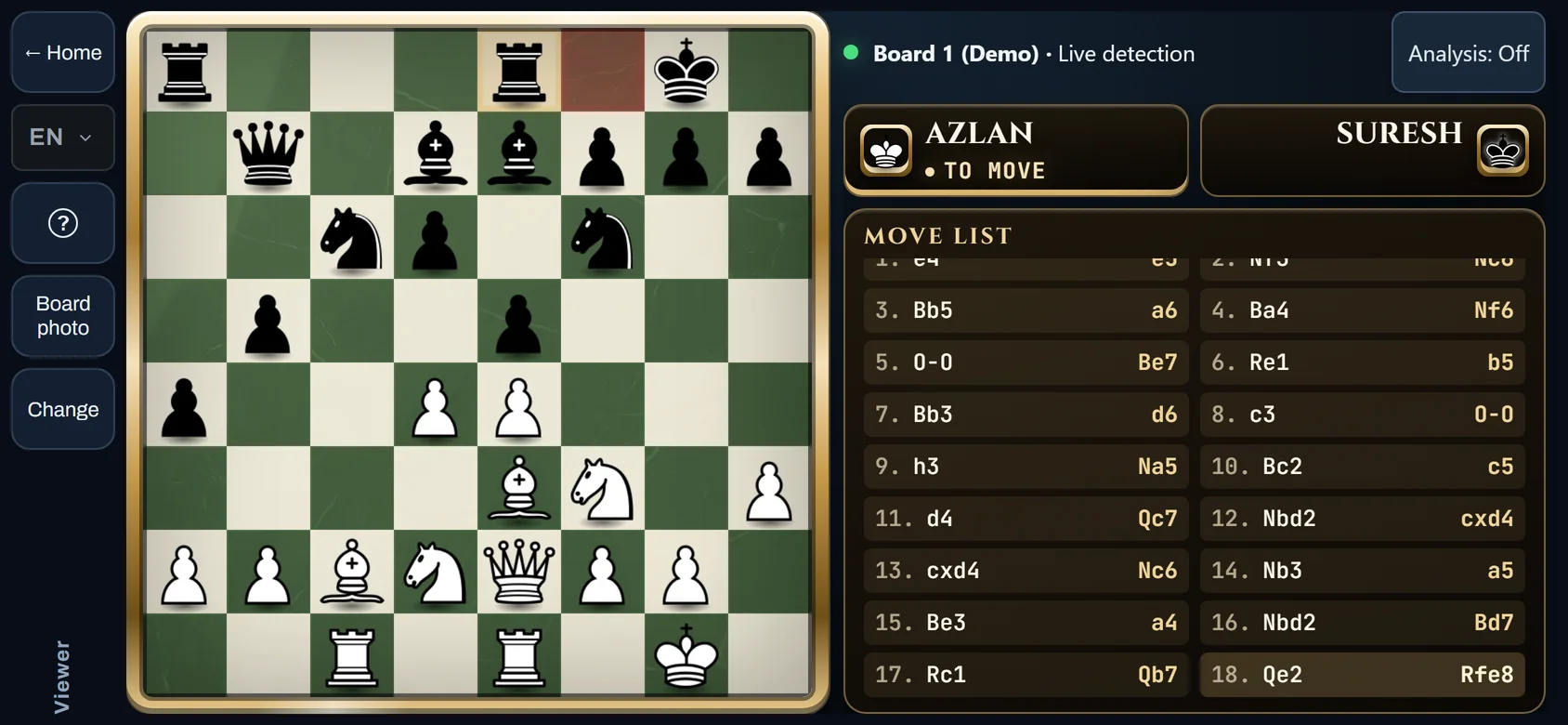 Skrin Mod Penonton ChessZCam dengan Analisis dimatikan: hanya papan digital, nama pemain dan senarai langkah dipaparkan.