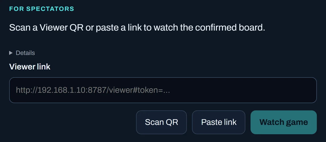 ChessZCam Viewer join screen with a Viewer link field and the buttons Scan QR, Paste link and Watch game.