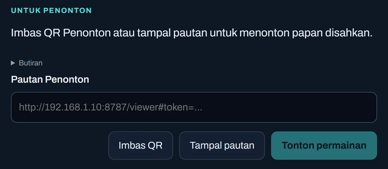 Skrin sertai Mod Penonton ChessZCam dengan medan Pautan Penonton serta butang Imbas QR, Tampal pautan dan Tonton permainan.
