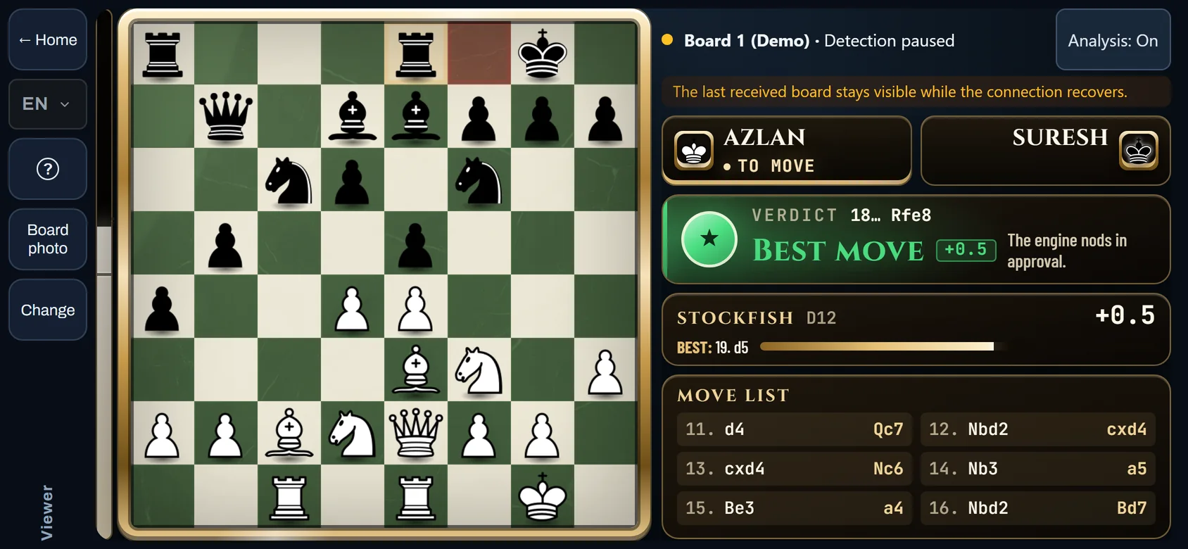 Baris status Mod Penonton ChessZCam bertulis Detection paused, dengan papan terakhir yang diterima masih kelihatan.