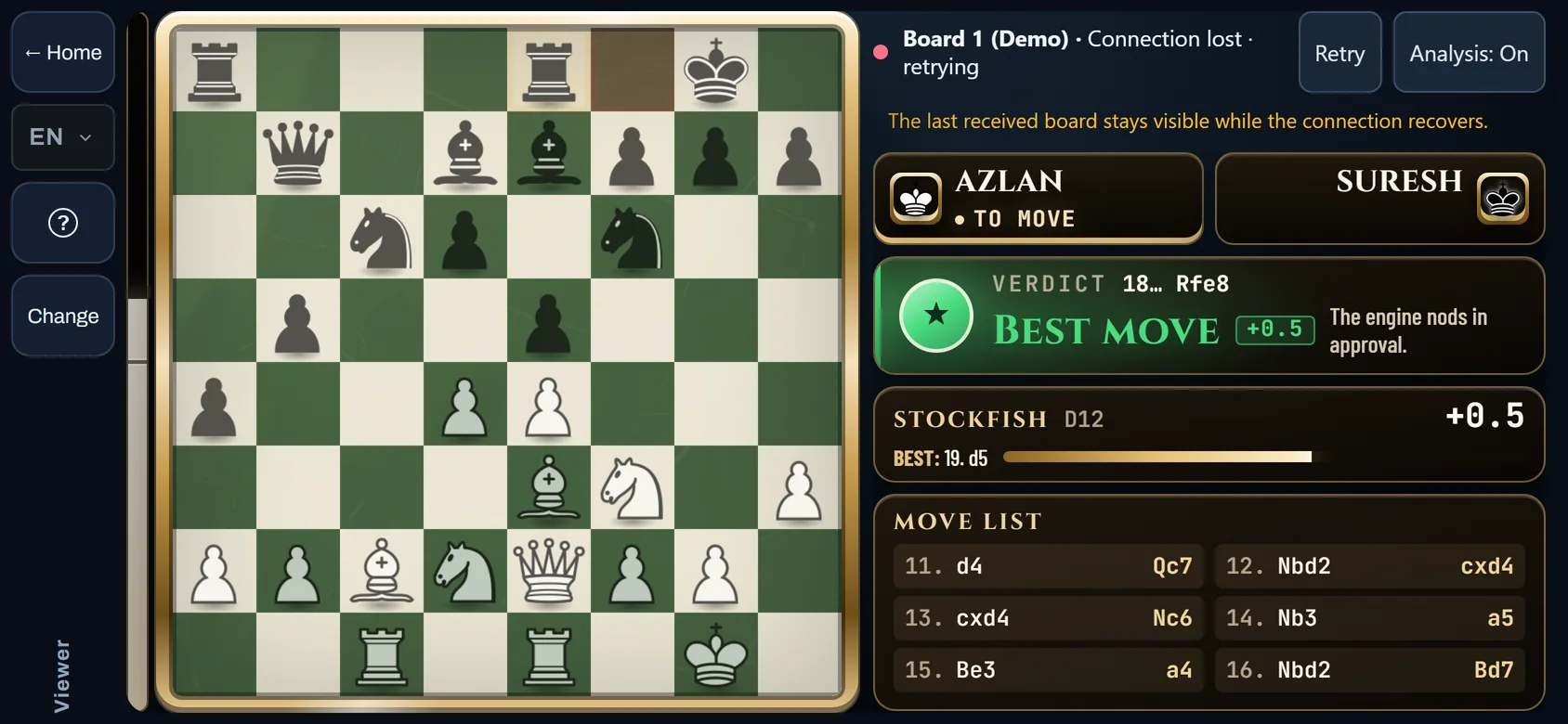 Baris status Mod Penonton ChessZCam bertulis Connection lost, retrying, dengan butang Retry dan papan terakhir yang dimalapkan.