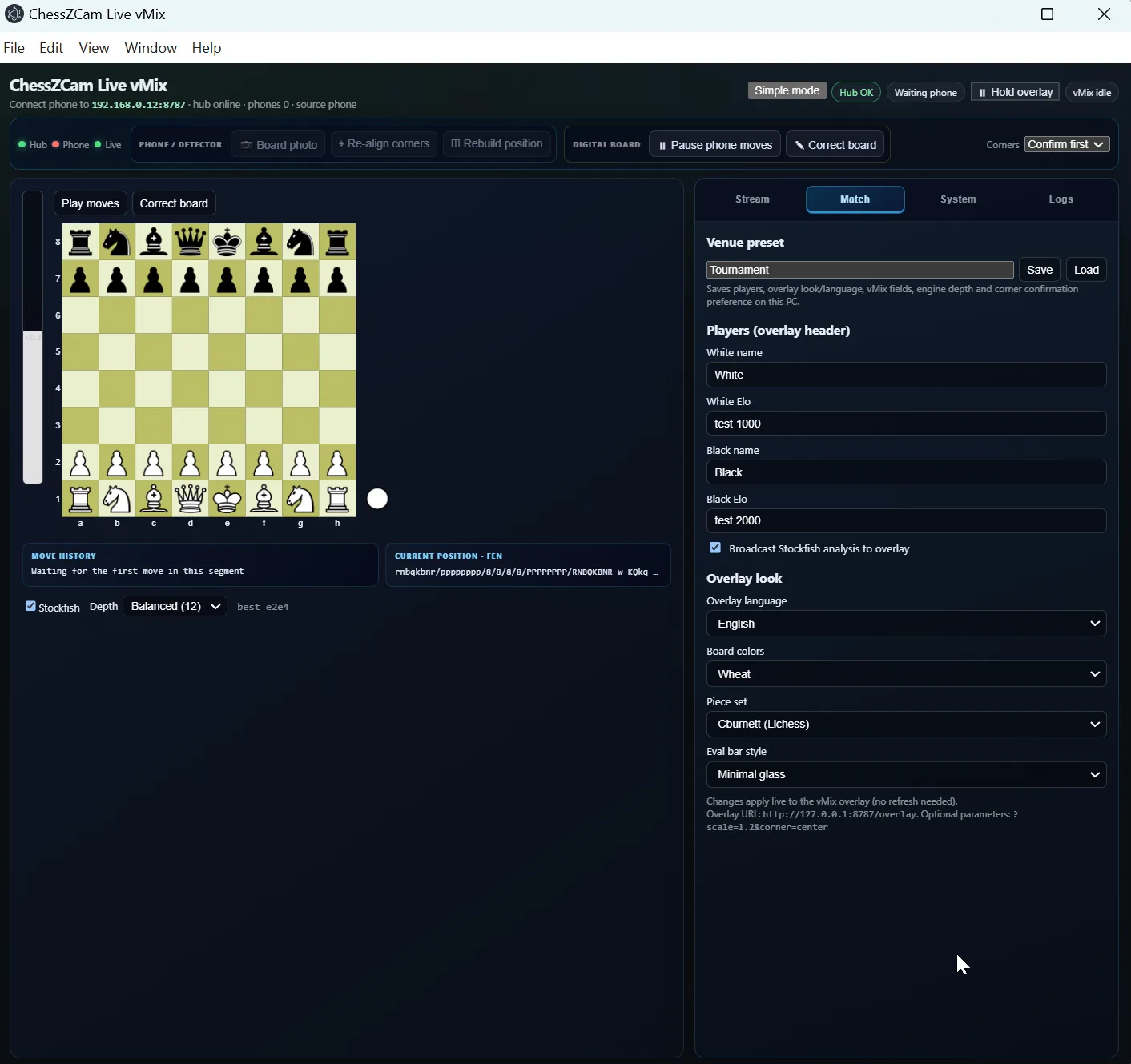 The ChessZCam PC console showing board correction and overlay controls