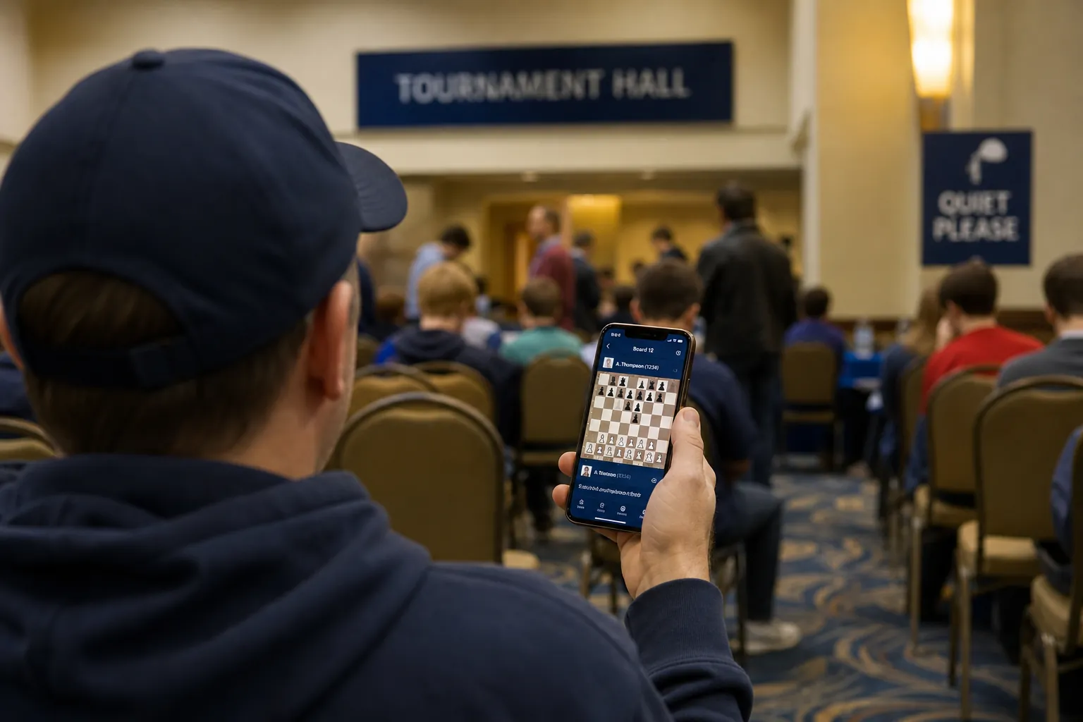 Spectator following a live digital chess position on a phone in a tournament hall
