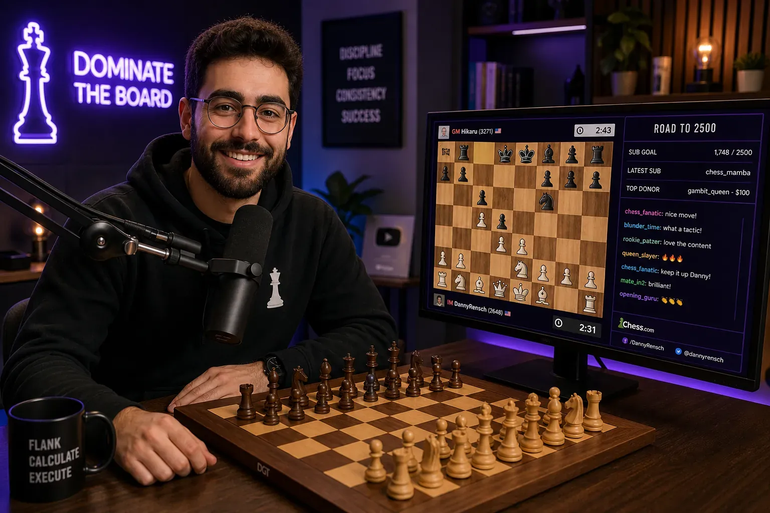 Illustration of a chess creator at a streaming desk with a physical board and a digital analysis screen