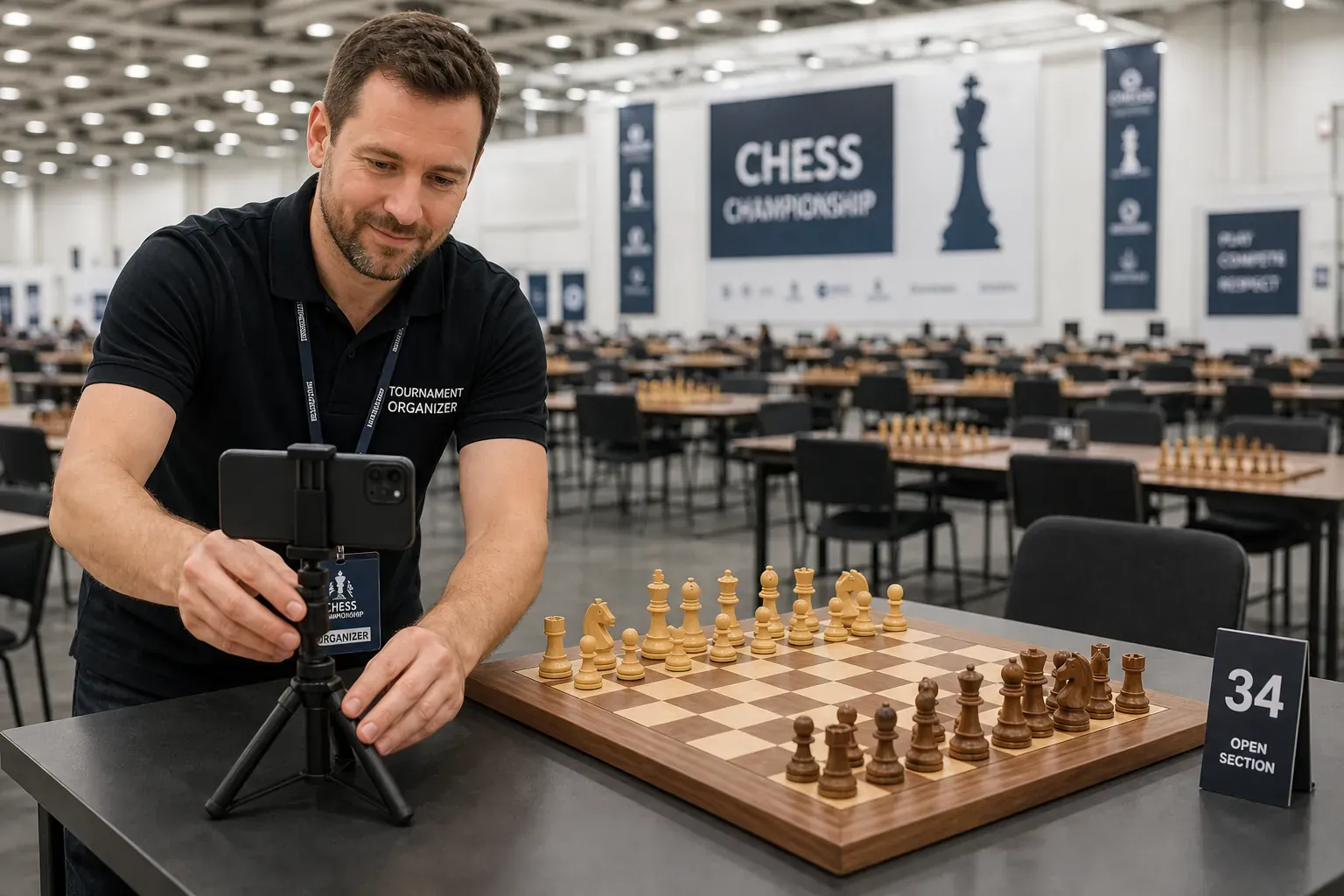 Illustration of a tournament organiser mounting a phone on a small tripod beside a featured chessboard