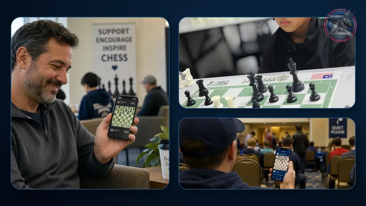 Illustration: a parent in a waiting area looking at a chess position on a phone while a young player concentrates at the board