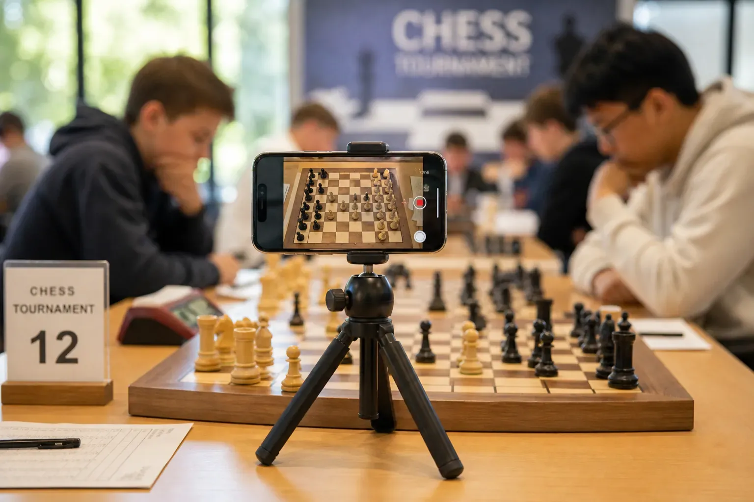 Illustration of a phone on a small tripod filming a normal wooden chessboard at a tournament table