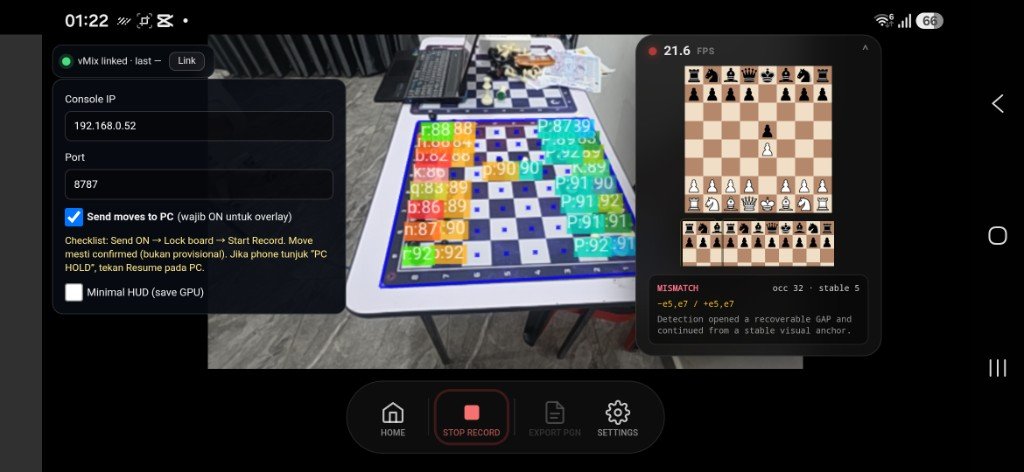 ChessZCam live scan interface recognising pieces on a physical board