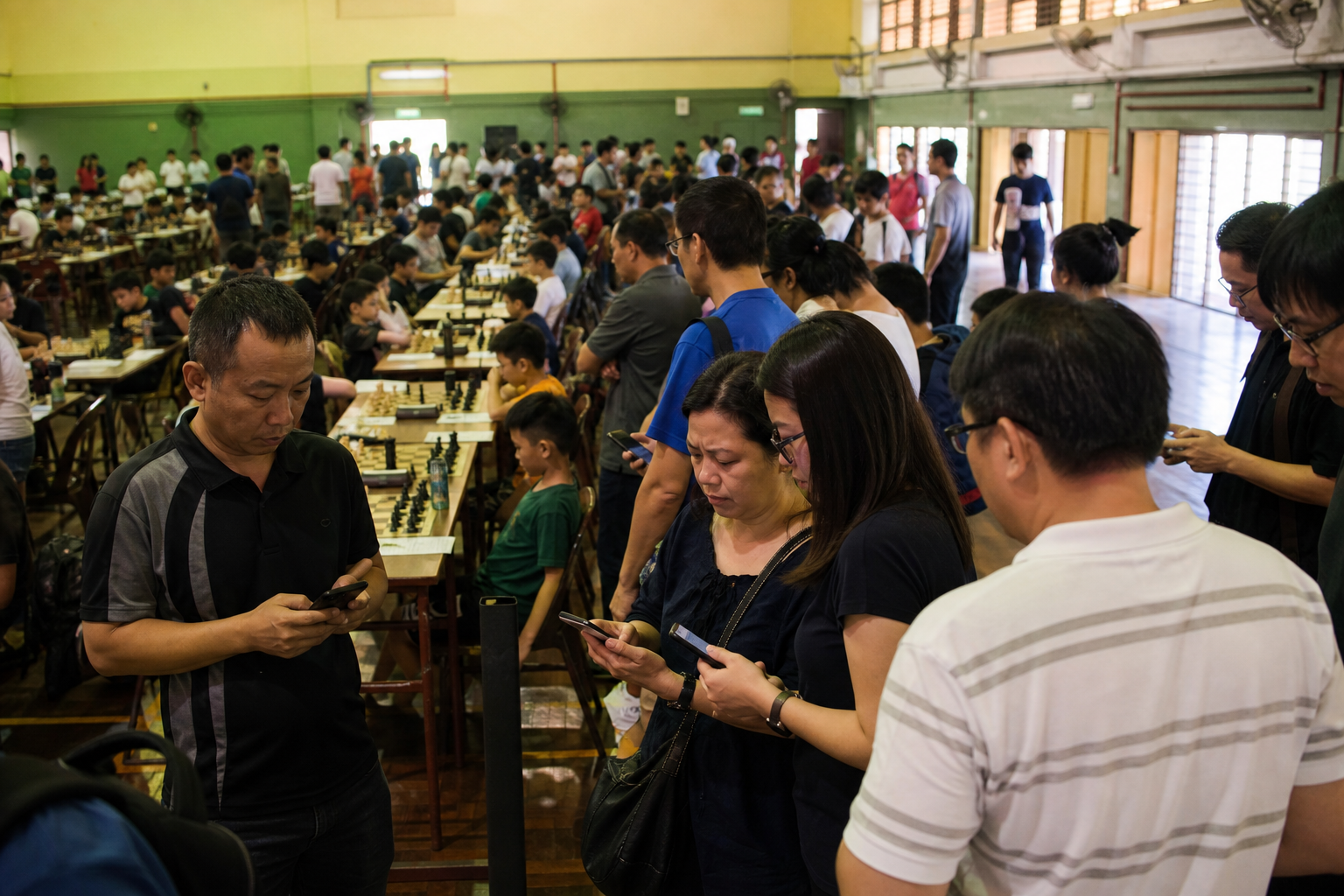 Crowded chess hall with families checking phones while waiting for pairings