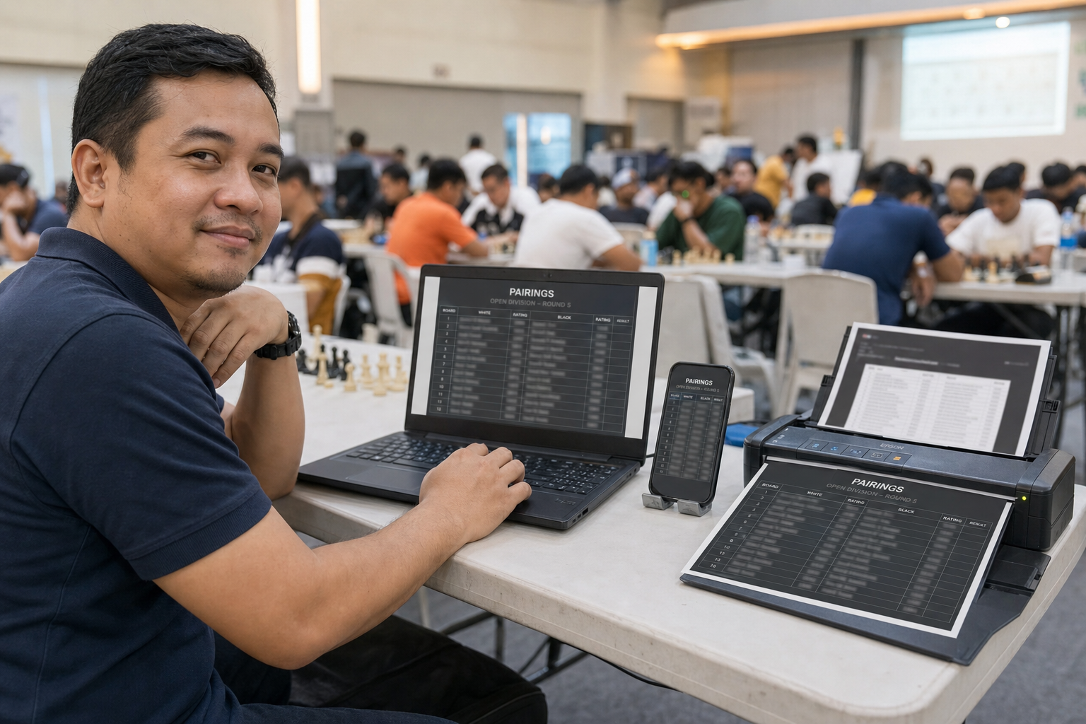 Chess tournament organizer at a laptop sharing local pairing graphics with phone and printouts
