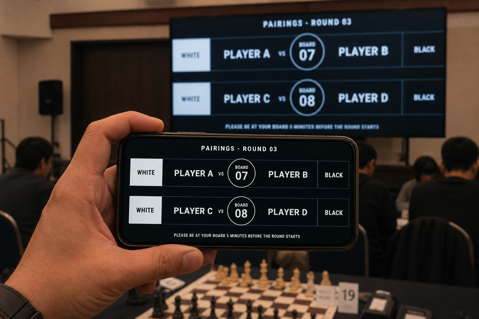 Phone and hall display showing a clear chess pairing graphic