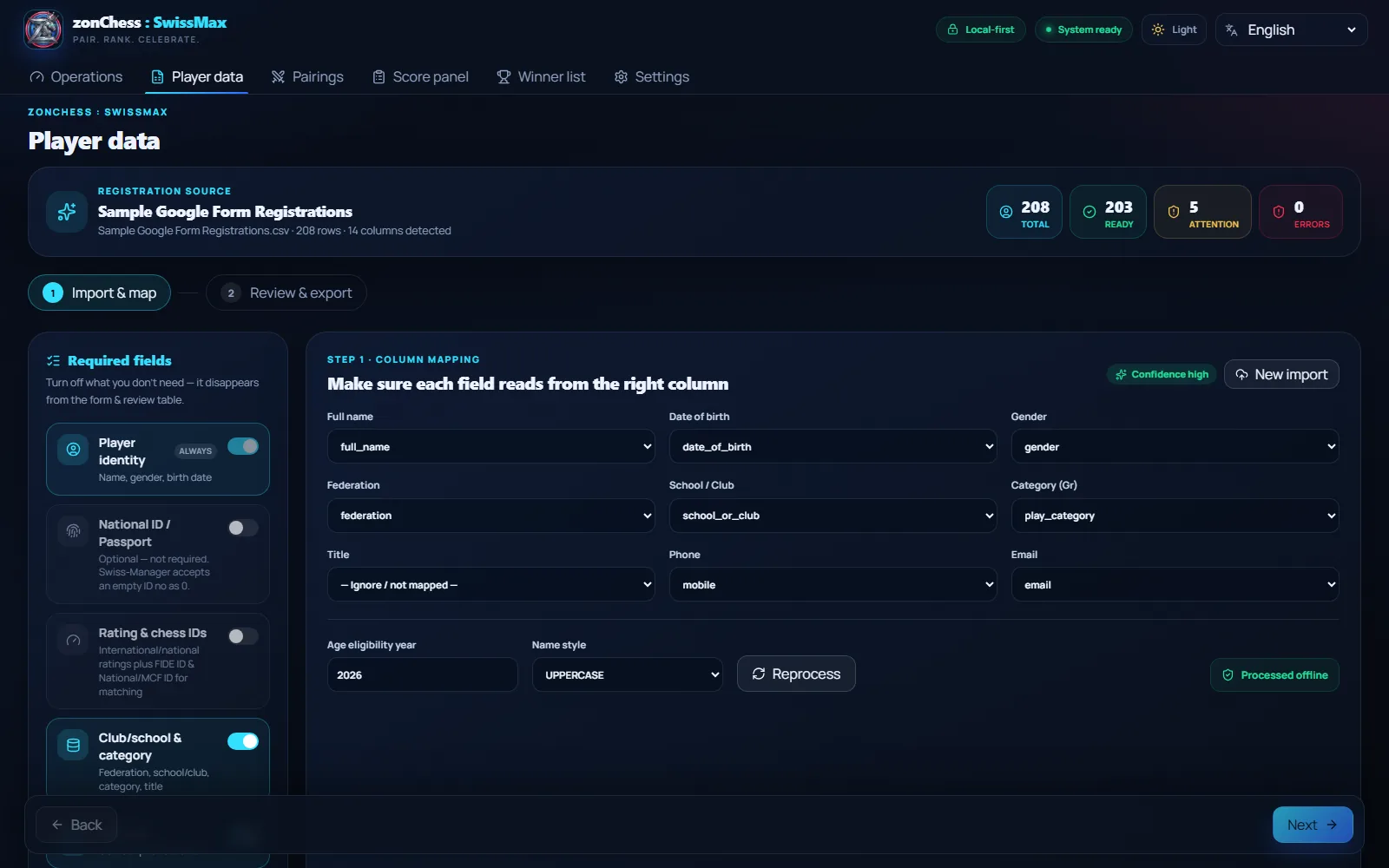 SwissMax player data column mapping interface
