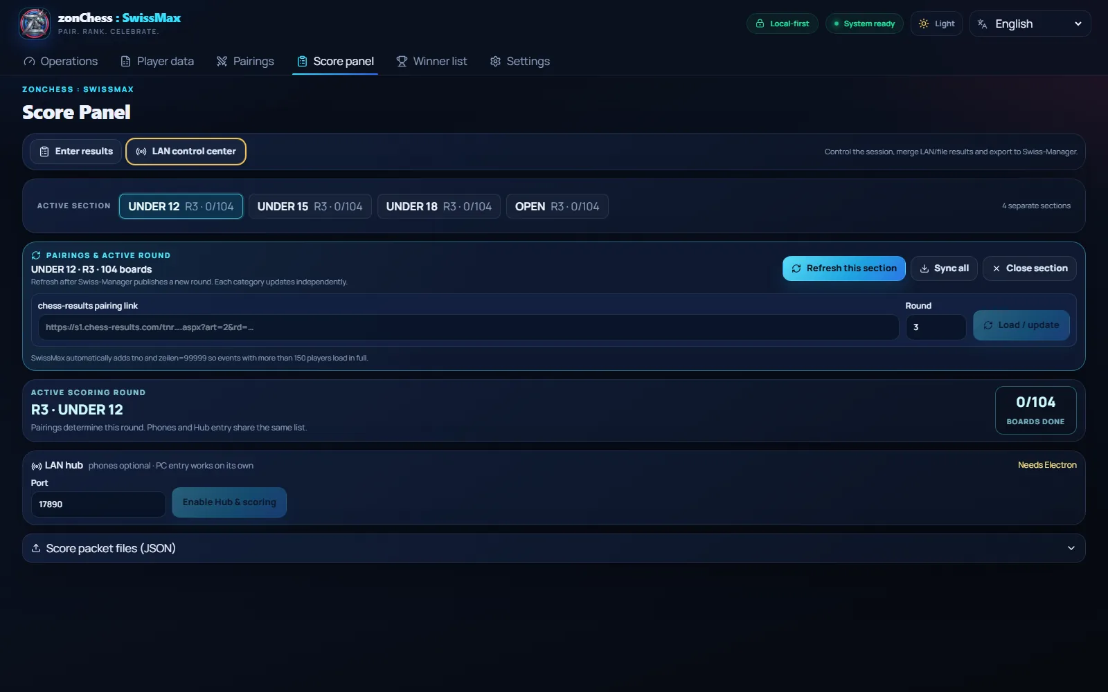 SwissMax LAN score hub for multiple tournament sections