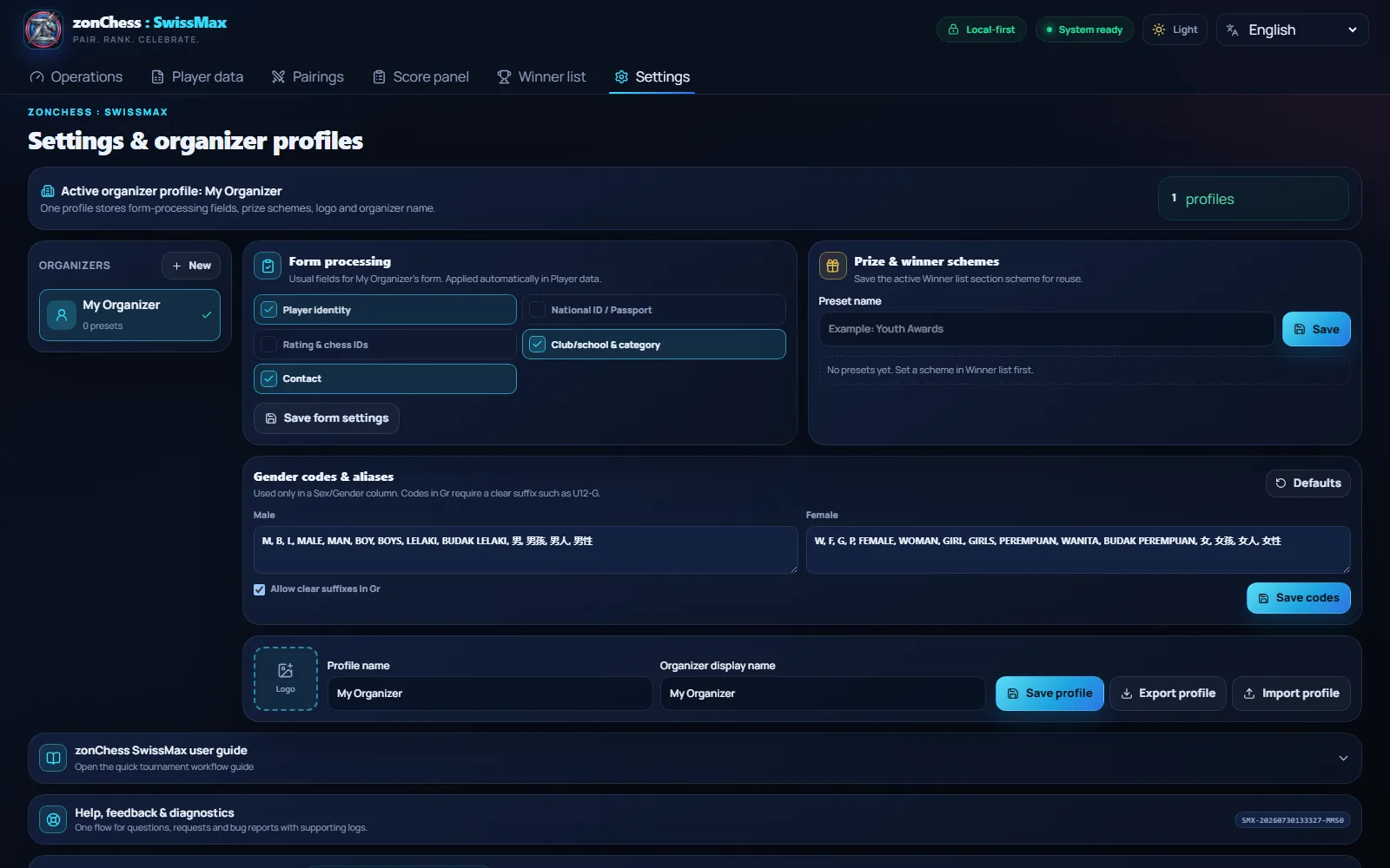SwissMax organizer settings and profile workspace